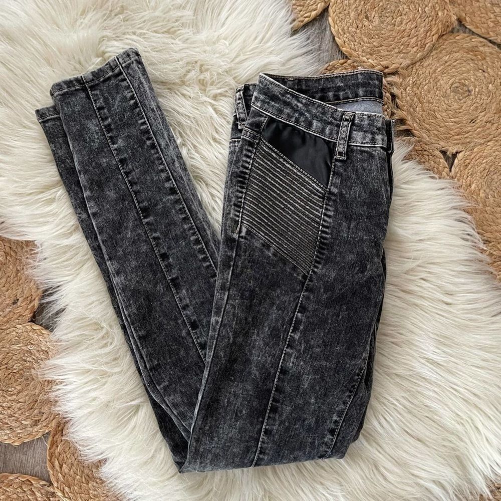 Tractor Black Acid Wash Faux Leather Trim Moto Jeans